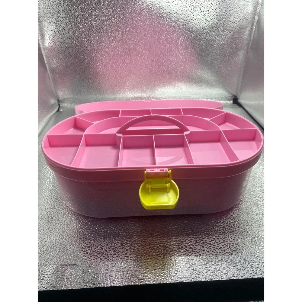 Vintage Pink Plastic Storage Case Yellow Latch Handle Makeup Craft Box Organizer
